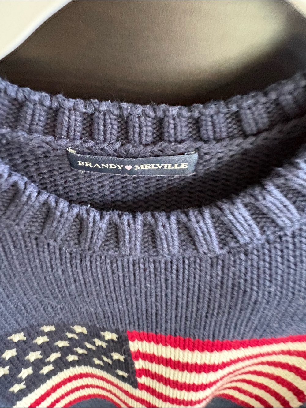 LIKE NEW! Brandy Melville Navy Crewneck Sweater with American Flag - Picture 2 of 4
